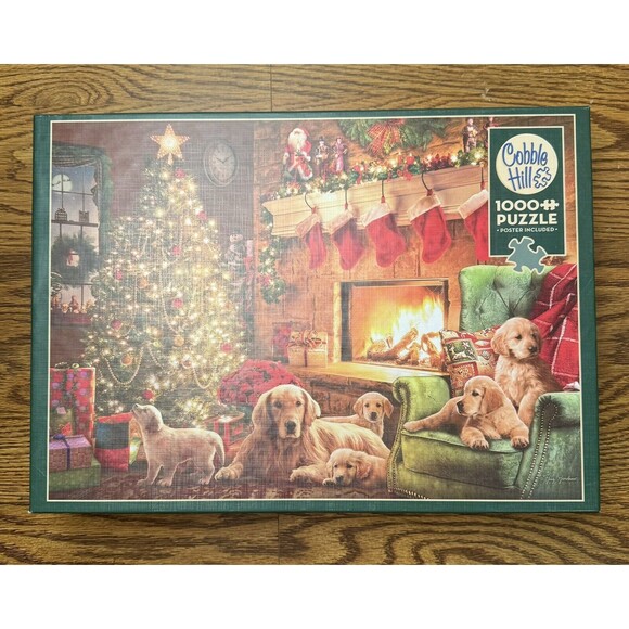 Cobble Hill Cozy Fireplace 1000‎ Pc Puzzle Holiday Dogs Poster - Picture 1 of 10